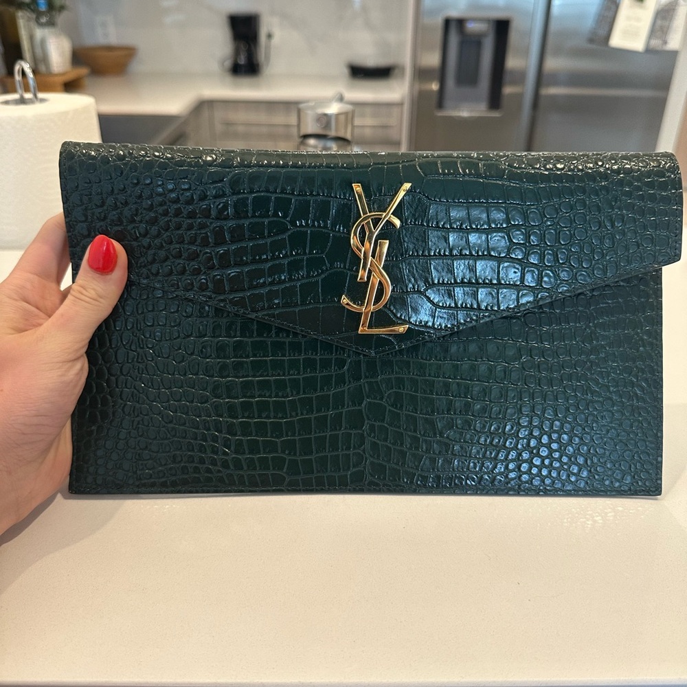 YSL Green and Gold Croc Clutch New With Tags